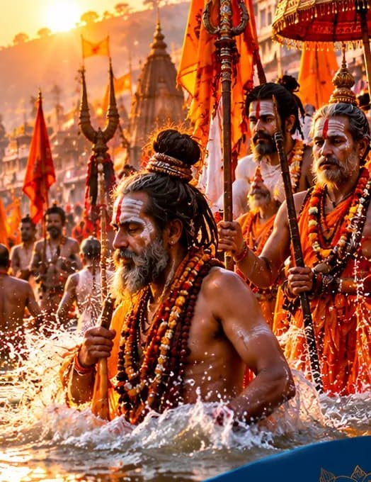 Illustration of sadhus taking the Shahi Snan